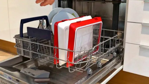 Square away food storage containers in dishwasher